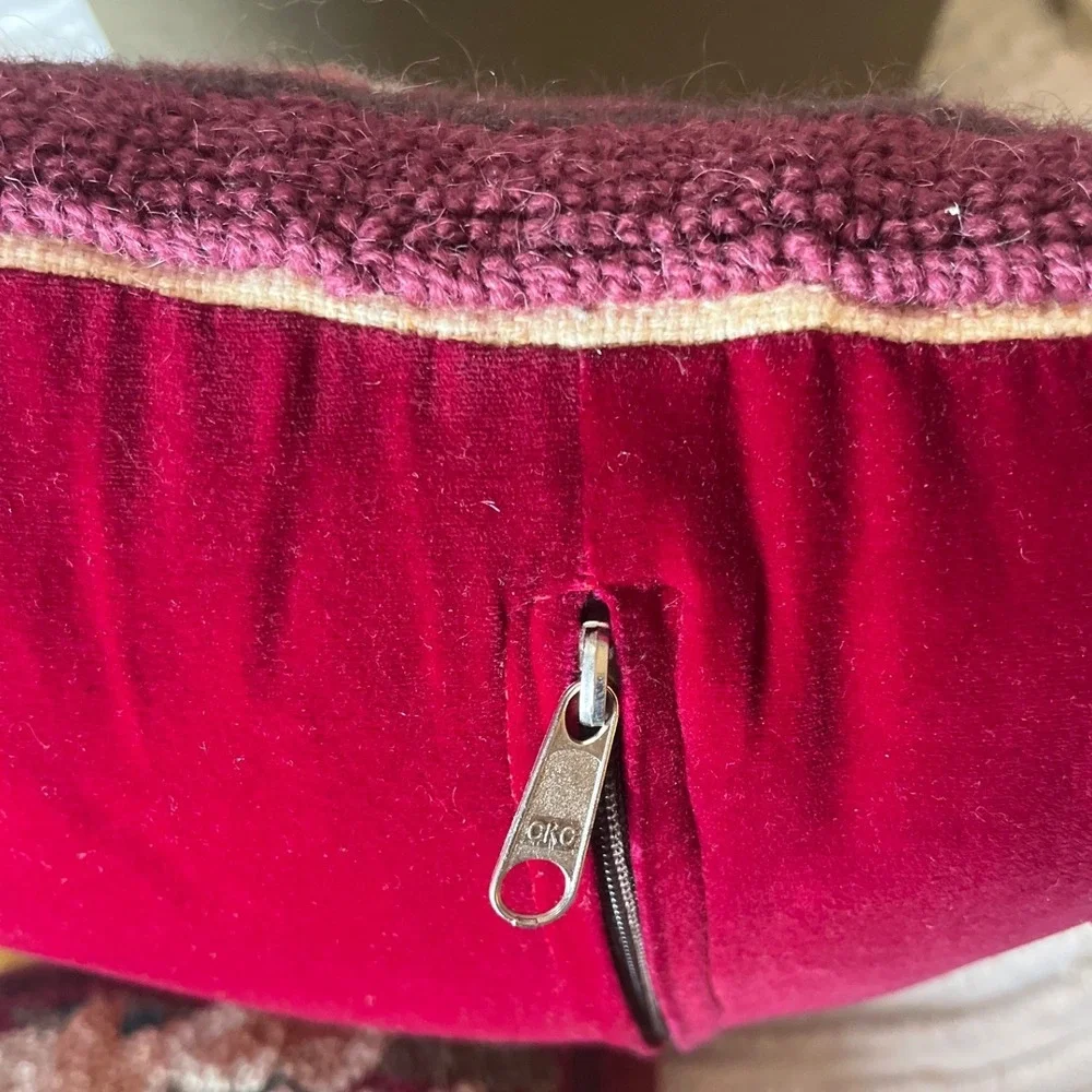 Vintage Hooked Wool Floral Throw Pillow Burgundy Velvet Back 15x15 Square Rose